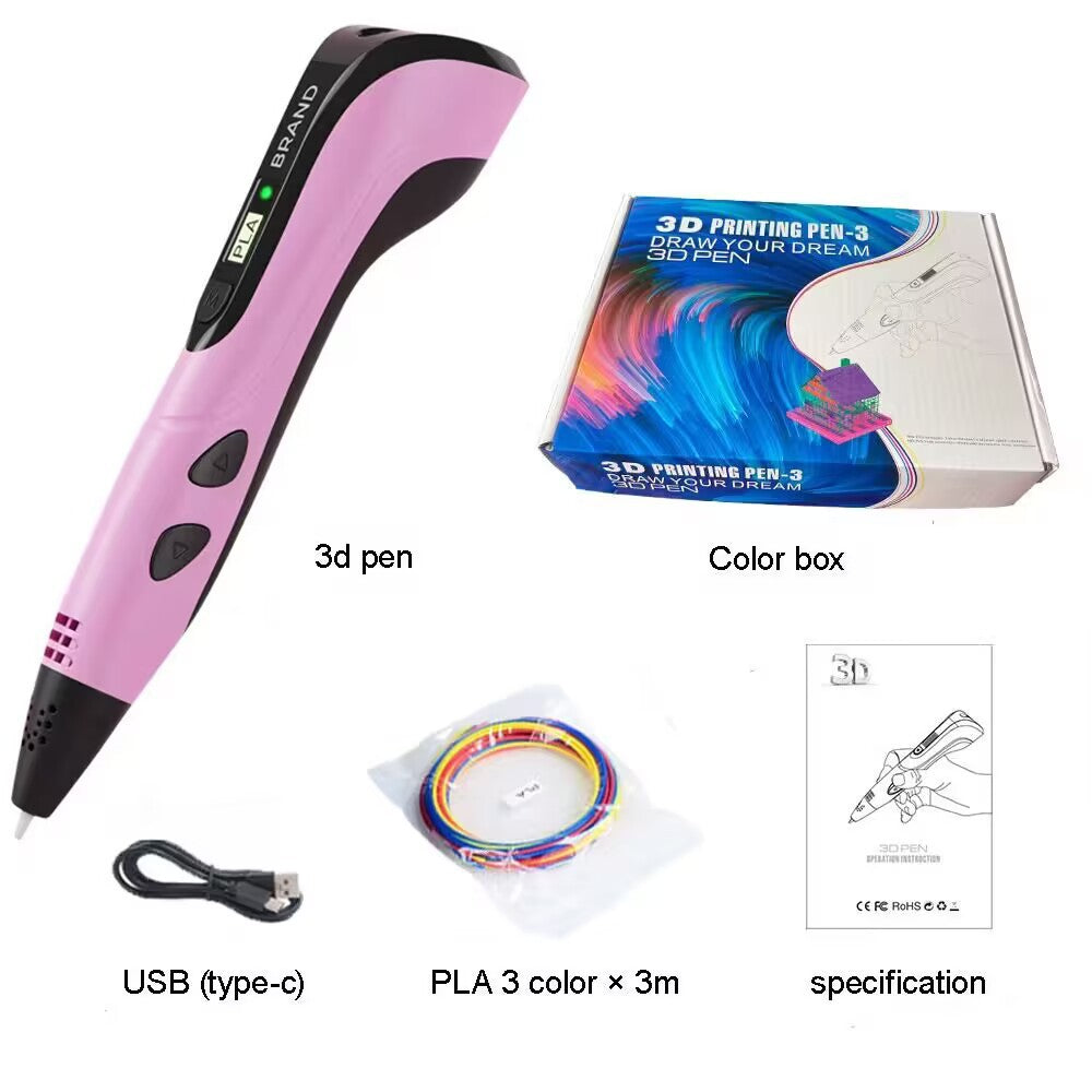 Pink 3D Printing Pen 3rd Gen for Kids – Plug-in Type-C USB, LCD Display, 3 Speed Modes, PLA Filament Set – Ideal for Creative DIY Projects in Australia