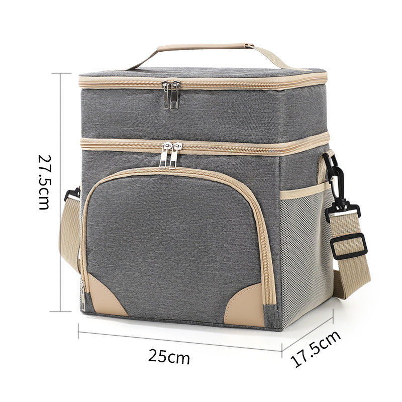 Grey Dual Layer Insulated Lunch Bag 12L Large Capacity Cooler Tote with Adjustable Strap Leakproof Thermal Food Carrier for Work Picnic and Camping