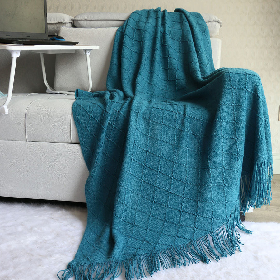 Morandi blue Nordic Knitted Throw Blanket with Tassels 130x230cm Soft Acrylic Diamond Pattern Sofa Cover Bed Runner and Travel Blanket