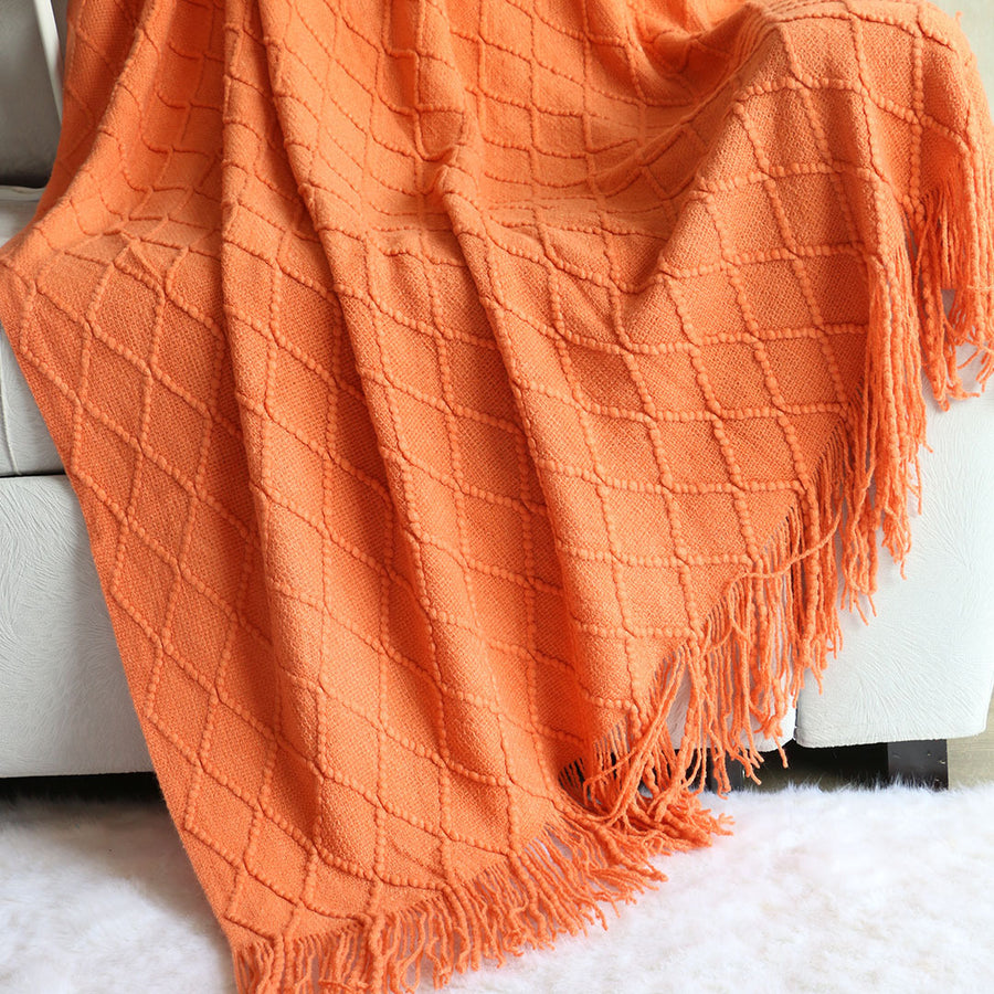 Orange-red Nordic Knitted Throw Blanket with Tassels 130x230cm Soft Acrylic Diamond Pattern Sofa Cover Bed Runner and Travel Blanket