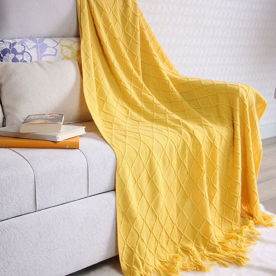 Turmeric Nordic Knitted Throw Blanket with Tassels 130x230cm Soft Acrylic Diamond Pattern Sofa Cover Bed Runner and Travel Blanket
