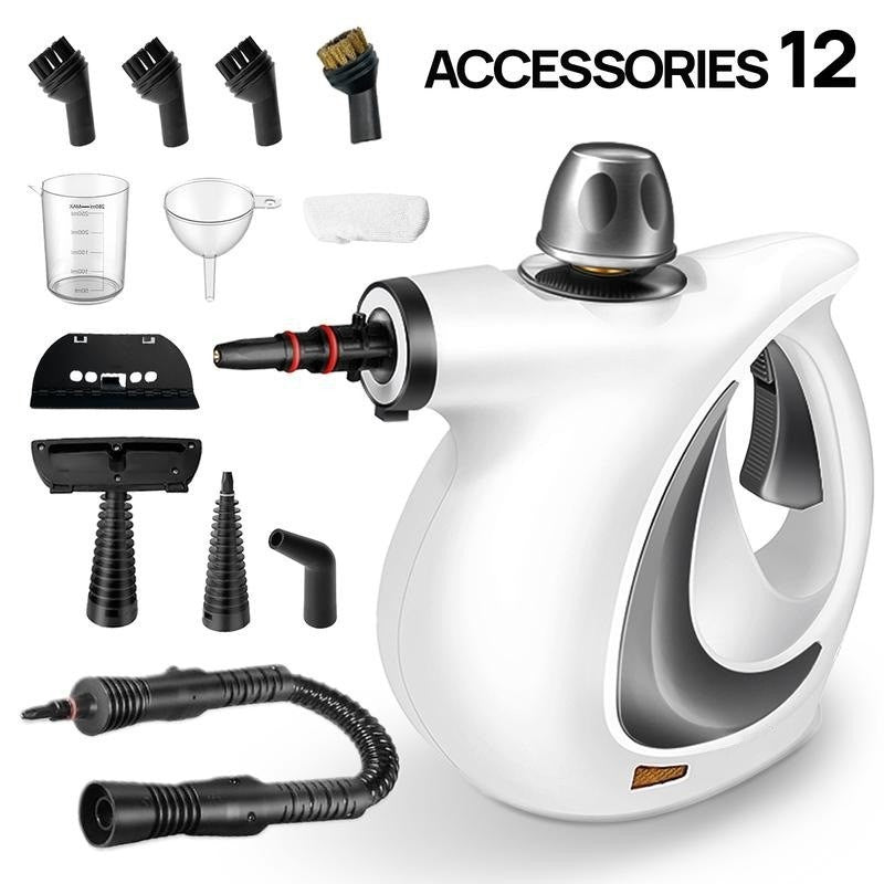 White Handheld Steam Cleaner 1050W High Pressure Chemical Free Cleaning Machine with 12 Piece Accessory Set for Kitchen Bathroom Car and Upholstery