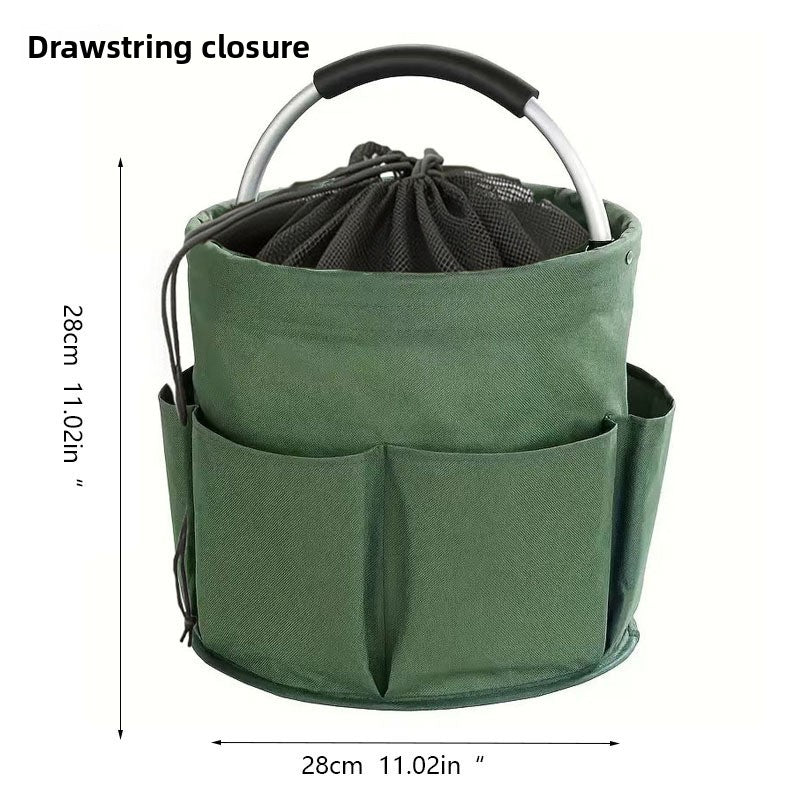 Green Multi-Function Collapsible Storage Basket with Drawstring Closure Portable Cleaning Caddy and Picnic Organiser Bag with Multiple Pockets