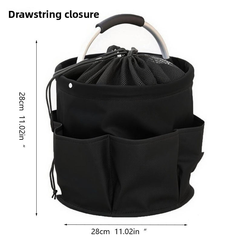 Black Multi-Function Collapsible Storage Basket with Drawstring Closure Portable Cleaning Caddy and Picnic Organiser Bag with Multiple Pockets