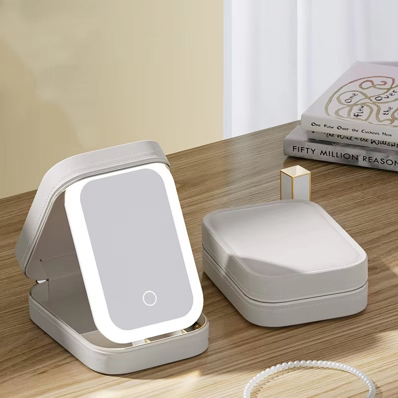 White Portable LED Makeup Mirror with Jewellery Storage Box Touch Screen Adjustable Light Travel Cosmetic Organizer Case