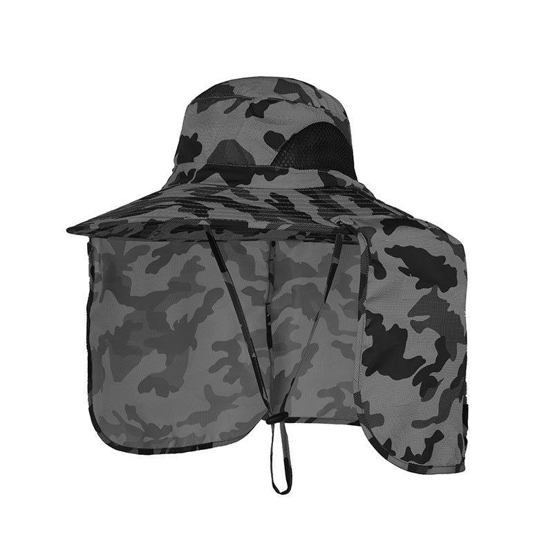 Camouflage dark grey UPF 50+ Sun Protection Fishing Hat Wide Brim Neck Flap Quick Dry Bucket Hat for Outdoor Hiking and Gardening