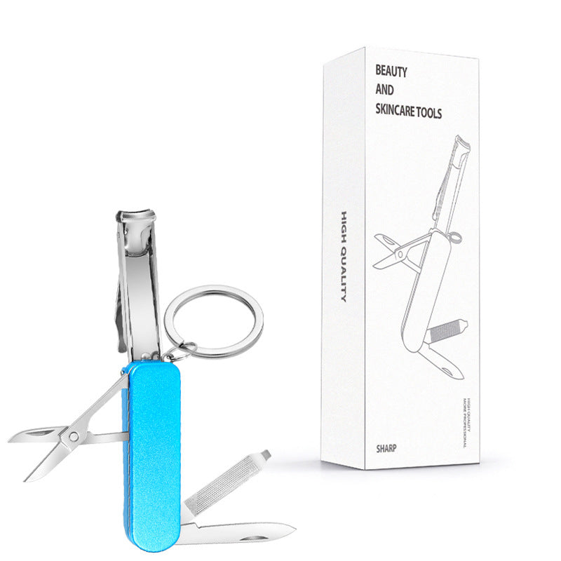 2-PCS Blue 5-in-1 Foldable Stainless Steel Nail Clipper Multitool Keychain with Knife Scissors and File Portable Pocket Manicure Set