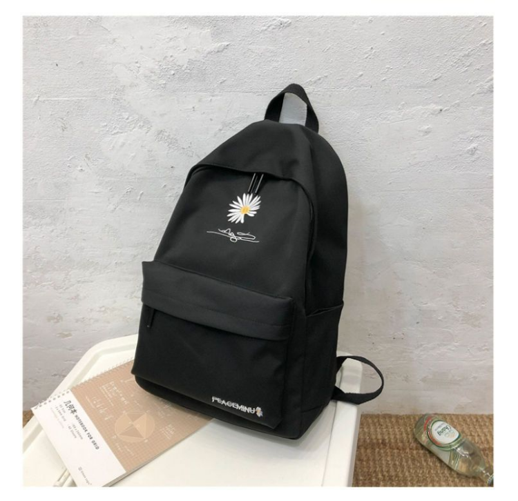 Daisy Embroidered Waterproof Backpack School Bag Black Nylon Laptop Daypack for High School Uni and Travel