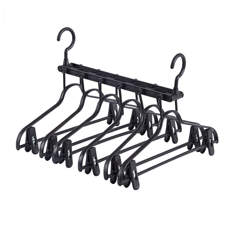 2-SET Space-Saving 6-in-1 Foldable Hanger Set Multi-Functional Closet Organizer Clothes Drying Rack with Pant Clips (Black & Black Clip Upgrade Edition) Ideal for Homes and Dorm Rooms