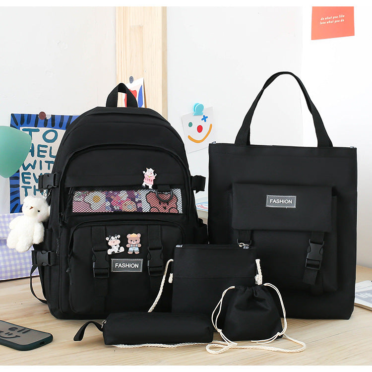 5 Piece Aesthetic School Backpack Set Black Oxford Fabric Fits 14 Inch Laptop 