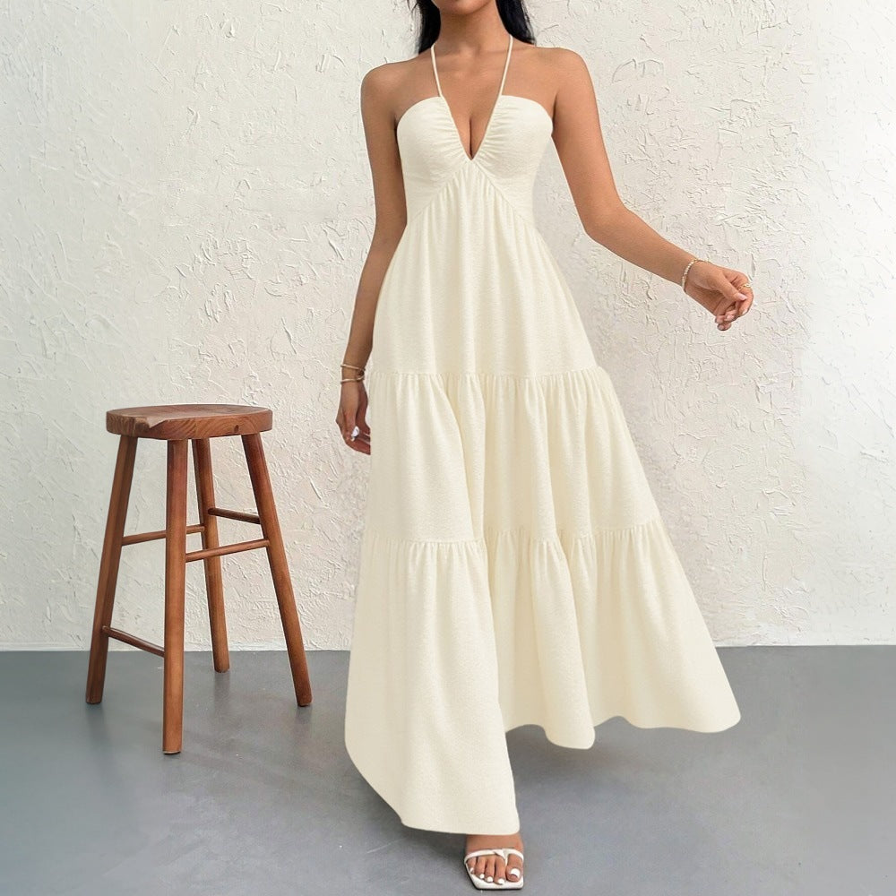 Apricot L Size Women's Elegant Halter Maxi Dress Summer Backless V-Neck Sleeveless Long Beach Resort Gown 