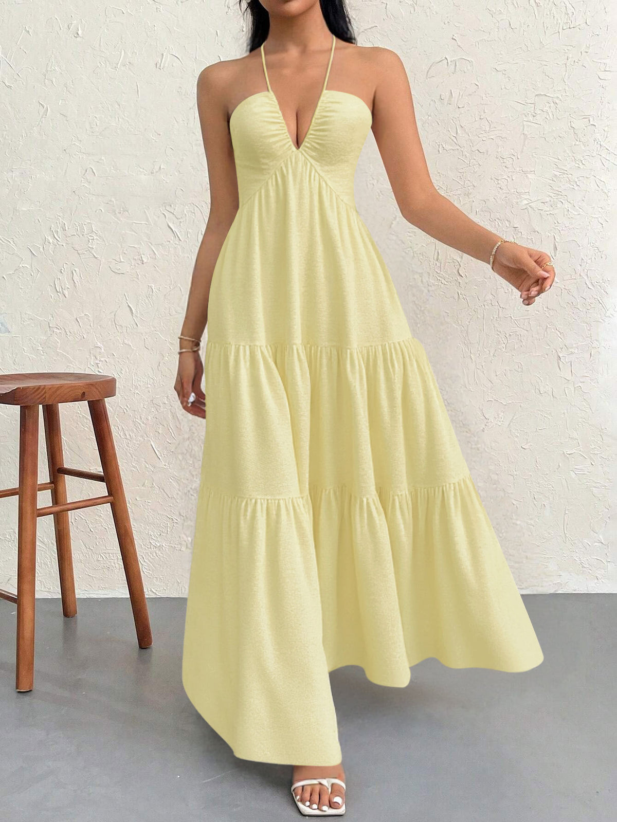 Apricot M Size Women's Elegant Halter Maxi Dress Summer Backless V-Neck Sleeveless Long Beach Resort Gown 