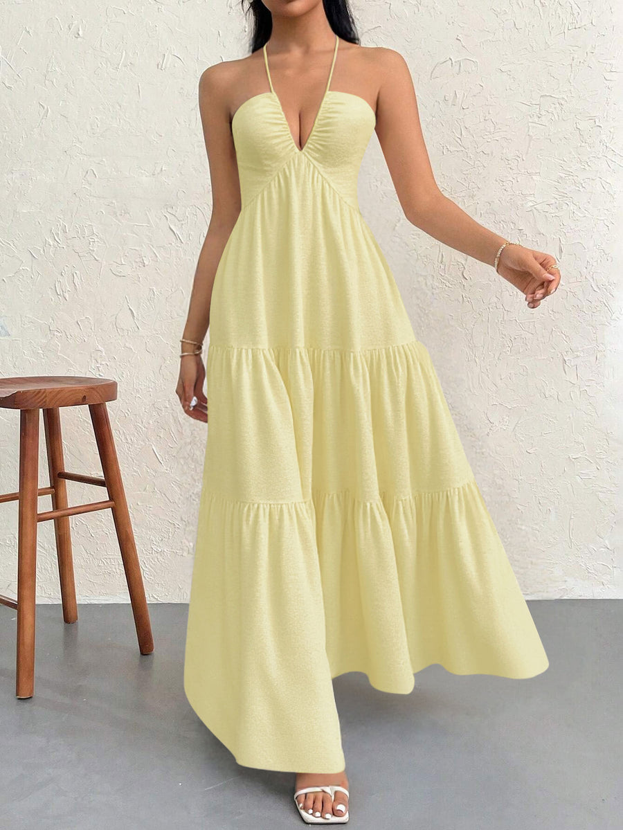 Apricot L Size Women's Elegant Halter Maxi Dress Summer Backless V-Neck Sleeveless Long Beach Resort Gown 