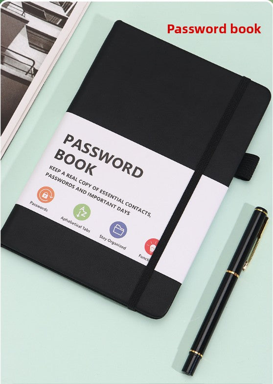 Black Password Book with Alphabetical Tabs B6 Hardcover Internet Address Logbook & Password Organizer with Pen Loop Elastic Band and Inner Pocket