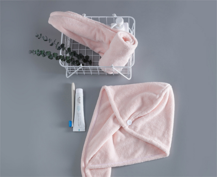 Soft Microfibre Hair Drying Towel Wrap - Super Absorbent Coral Fleece Turban with Secure Button - Quick Dry Bath Head Cap for Wet Hair & Spa - Pale Pink