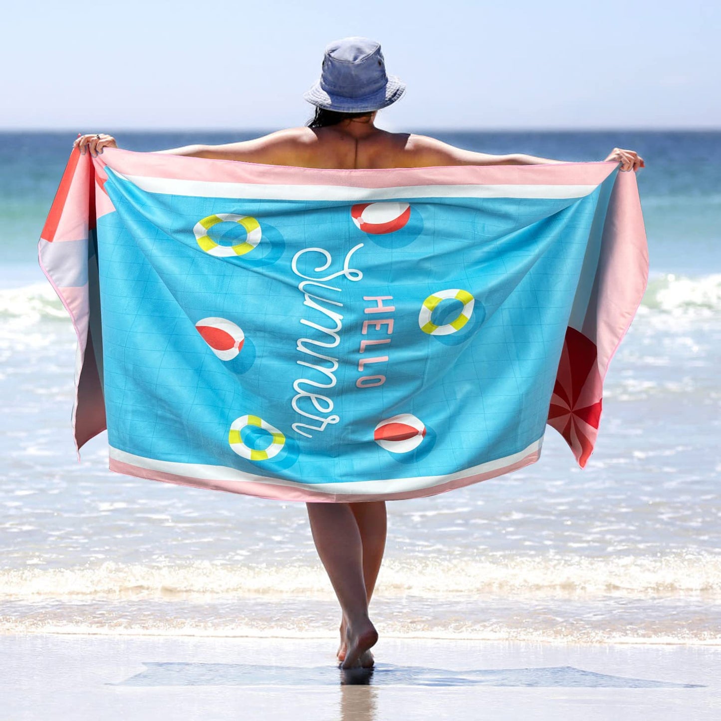 Sand Free Microfibre Beach Towel - "Hello Summer" Pool Print Quick Dry Travel Towel 70x150cm(240GSM) - Lightweight Absorbent for Beach, Swimming & Camping