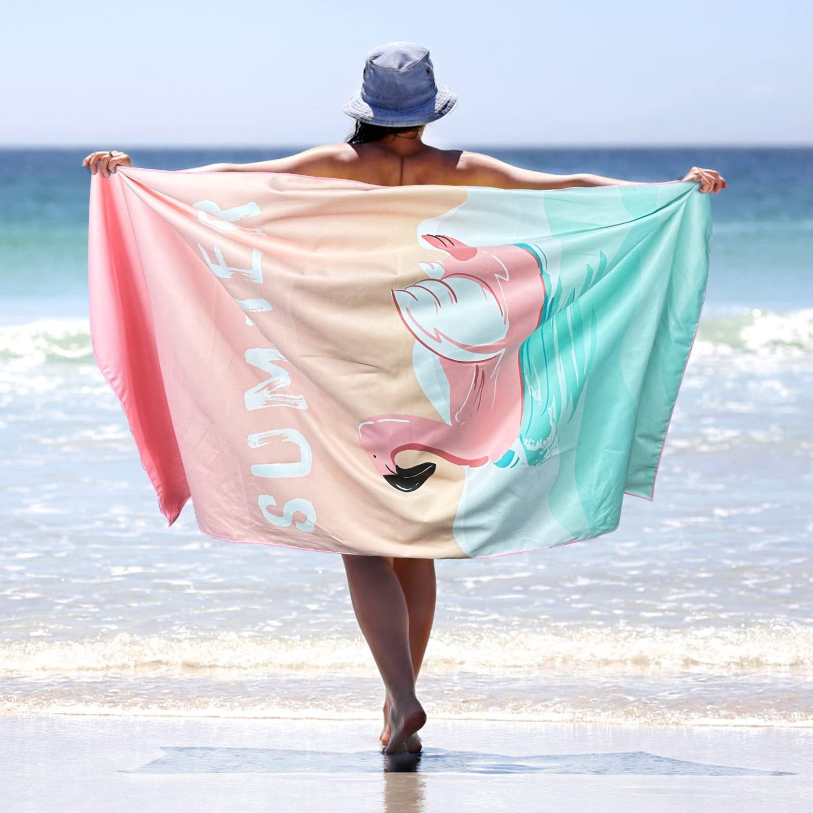 Sand Free Microfibre Beach Towel - Pink Flamingo "Summer" Print Quick Dry Travel Towel 80x160cm - Lightweight Absorbent Bath Sheet for Pool & Holiday