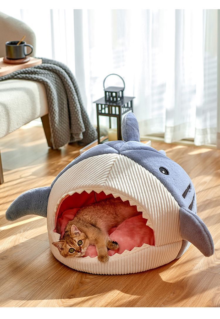 Novelty Shark Pet Cave Bed Enclosed Cozy Sleeping Nest for Cats and Small Dogs Soft Flannel Year Round Comfort Light Blue M Size