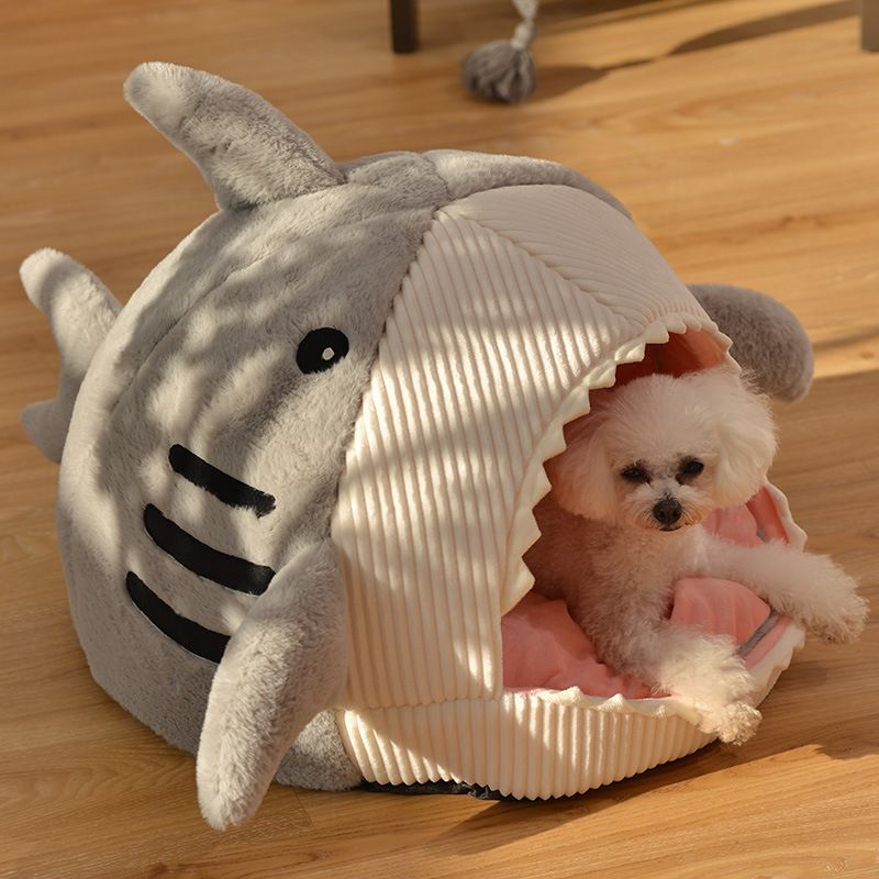 Novelty Shark Pet Cave Bed Enclosed Cozy Sleeping Nest for Cats and Small Dogs Soft Flannel Year Round Comfort Light Gray M Size