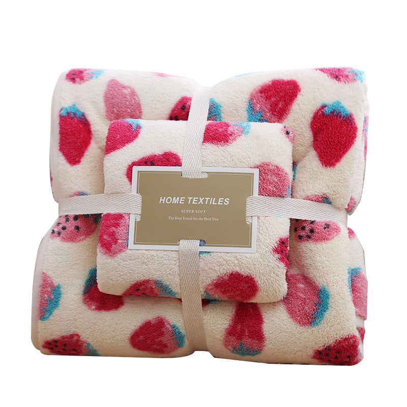2 Pack Strawberry Coral Fleece Bath Towel Set - Ultra Soft Absorbent Microfibre Bathroom Towels with Hanging Loop - 70x140cm & 35x75cm
