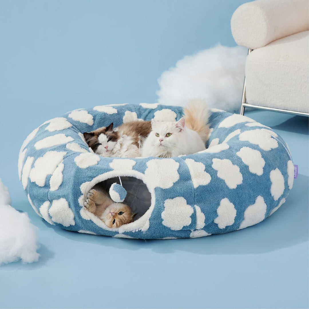 2-in-1 Cat Tunnel Bed Blue Daisy 80cm - Plush Donut Pet Cave & Play Tube - Detachable Washable Cushion & Interactive Hanging Toy for Indoor Cats
