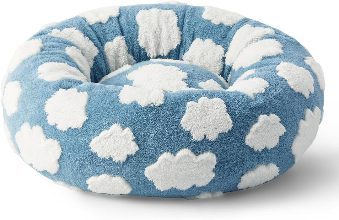 50cm Round Pet Bed Blue Sky & Clouds Design - Soft Plush Donut Cuddler for Small Dogs & Cats - Calming Anxiety Relief & All-Season Comfort