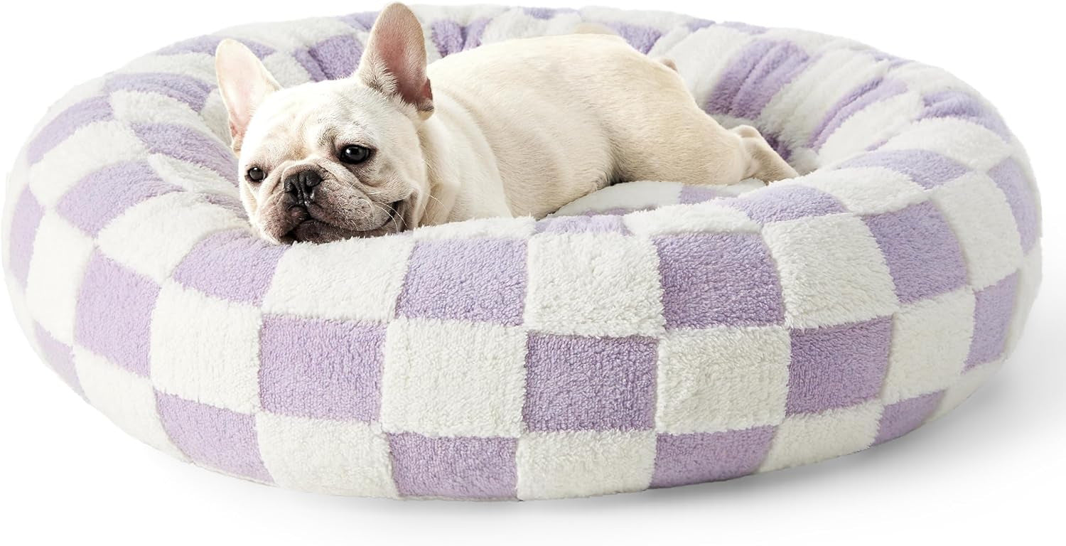 50cm Round Pet Bed Purple & White Checkerboard - Soft Plush Donut Cuddler for Small Dogs & Cats - Calming Anxiety Relief & All-Season Comfort