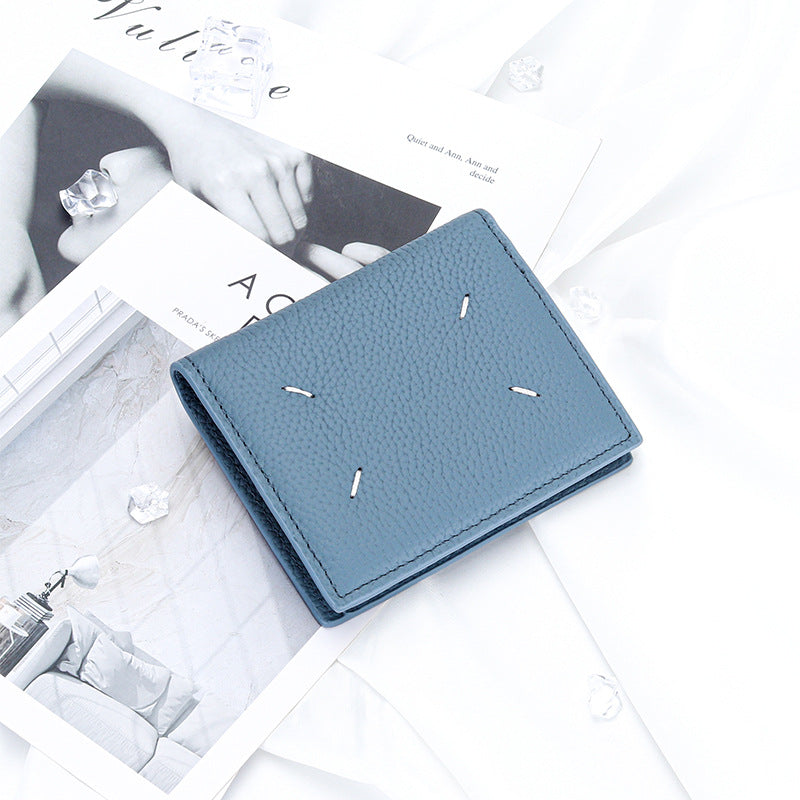 Women's Genuine Leather Bi-fold Wallet - Slim Short Purse with Coin Pocket & RFID Blocking - Soft Cowhide Minimalist Card Holder - Blue