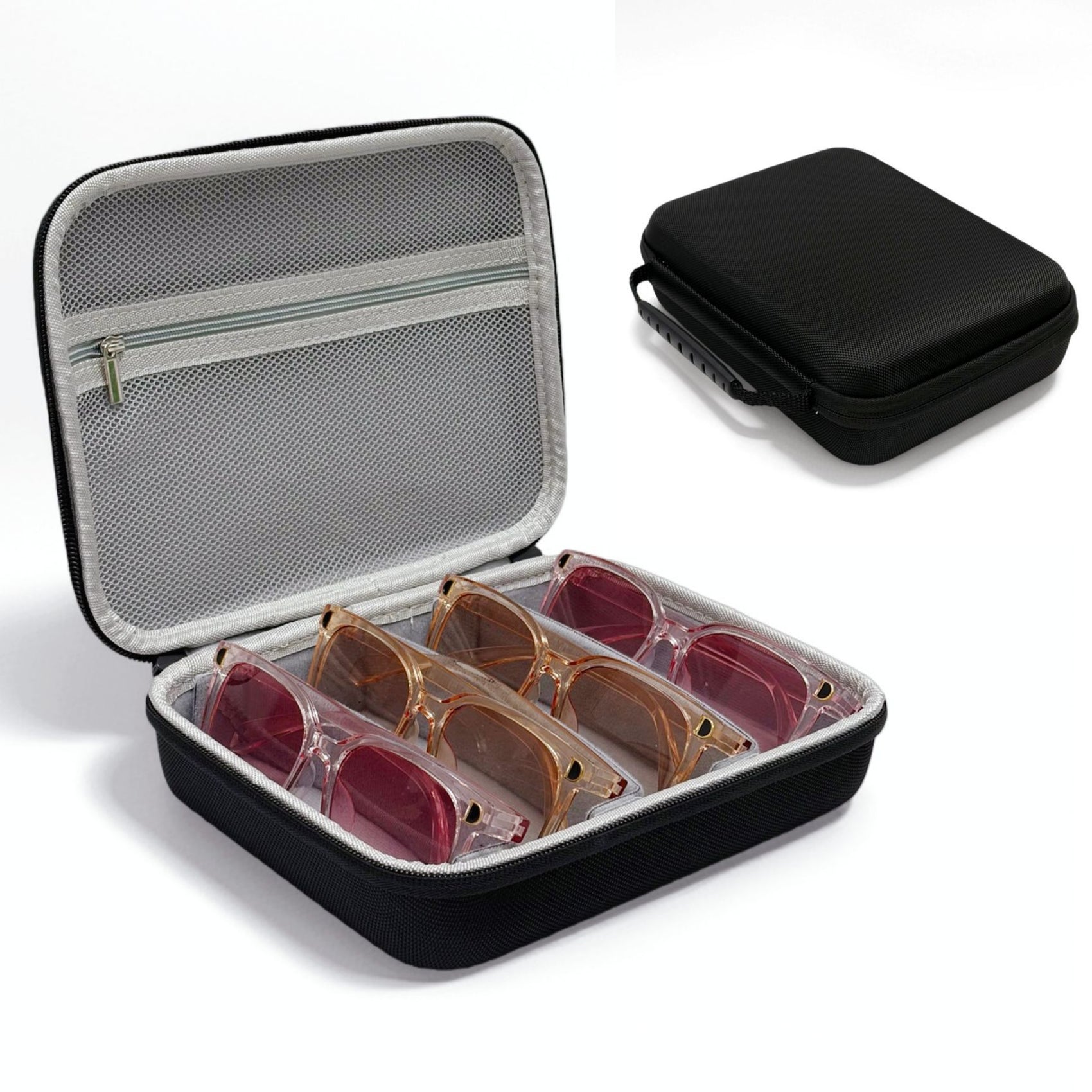Portable 4-Slot Sunglasses Organiser Case Hard Shell EVA Storage Box Travel Holder with Mesh Pocket 22cm Black