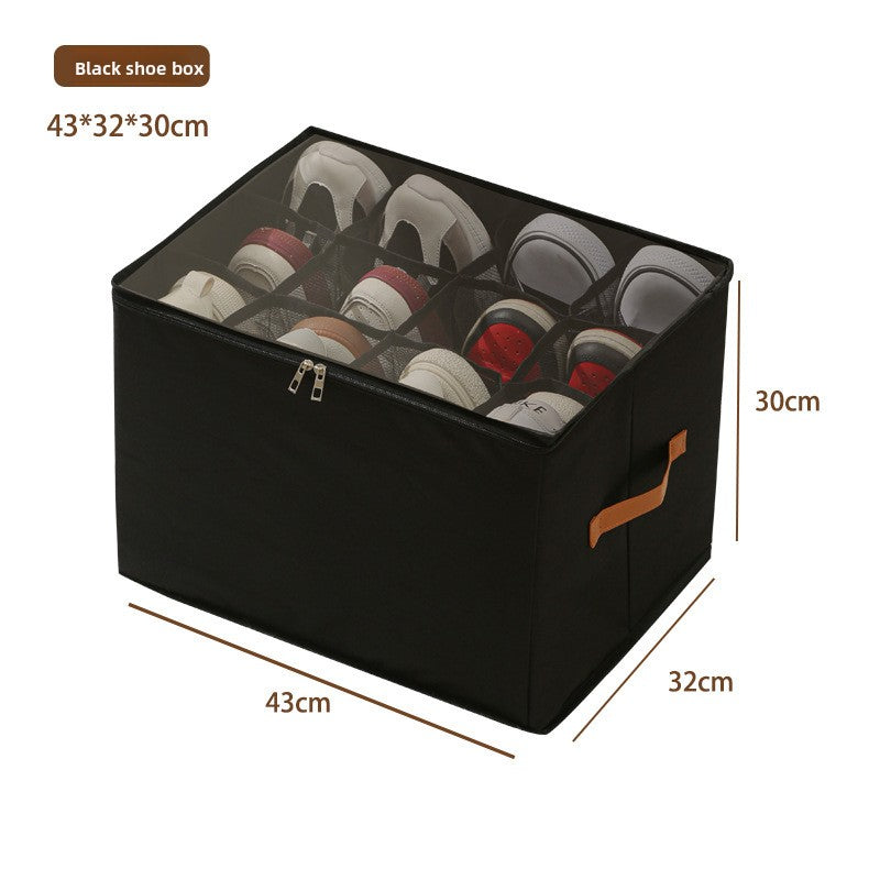 Foldable Shoe Storage Box with Clear Lid 12 Compartment Wardrobe Organiser for Sneakers Flat Sandals 600D Oxford Fabric Container with Handles Black