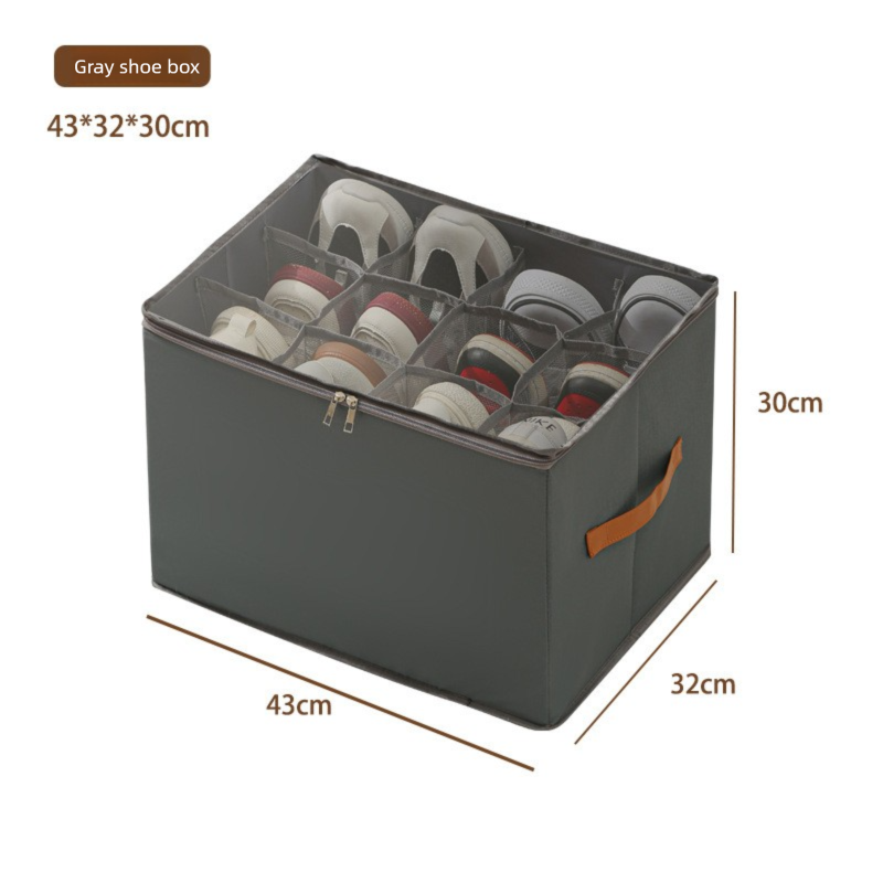 Foldable Shoe Storage Box with Clear Lid 12 Compartment Wardrobe Organiser for Sneakers Flat Sandals 600D Oxford Fabric Container with Handles Grey