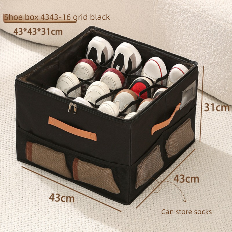 Extra Large Foldable Shoe Storage Box 16 Compartments with Side Pockets Clear Lid Wardrobe Organiser for Sneakers Socks 43cm Square Cube Black