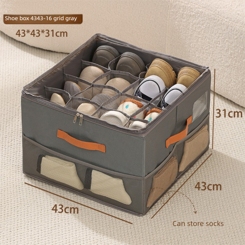 Extra Large Foldable Shoe Storage Box 16 Compartments with Side Pockets Clear Lid Wardrobe Organiser for Sneakers Socks 43cm Square Cube Grey