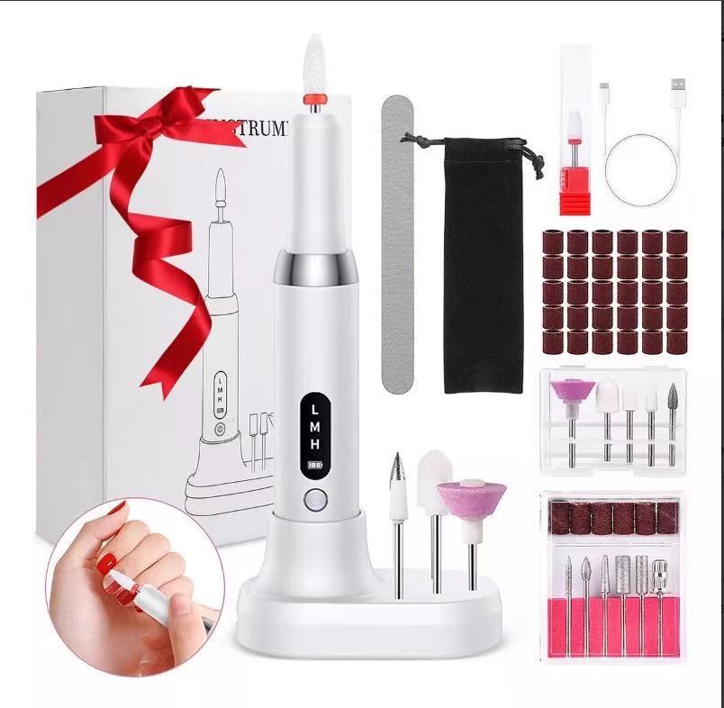 Electric Nail Drill Kit Cordless Portable E-File with Charging Base & LED Display White Gift Set Includes 30 Sanding Bands Nail File Pouch for Gel Acrylic Removal