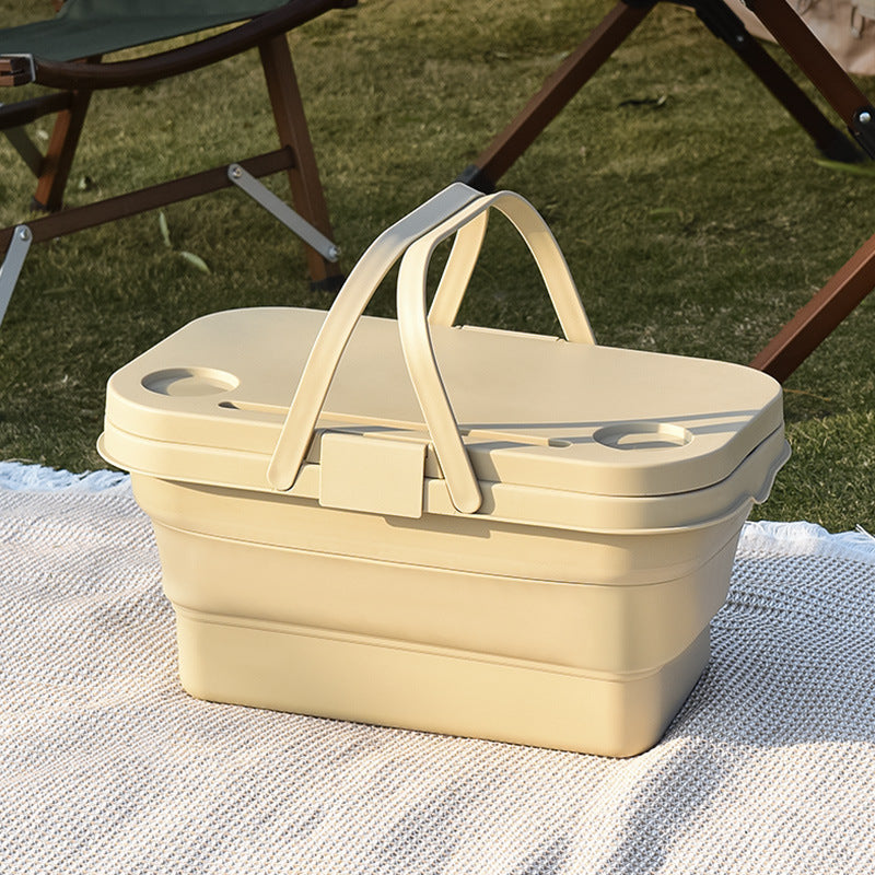 Collapsible Picnic Basket with Mini Table Lid Portable Folding Storage Crate with Cup Holders and Phone Stand Multi-Functional Outdoor Camping Sink Basin Khaki