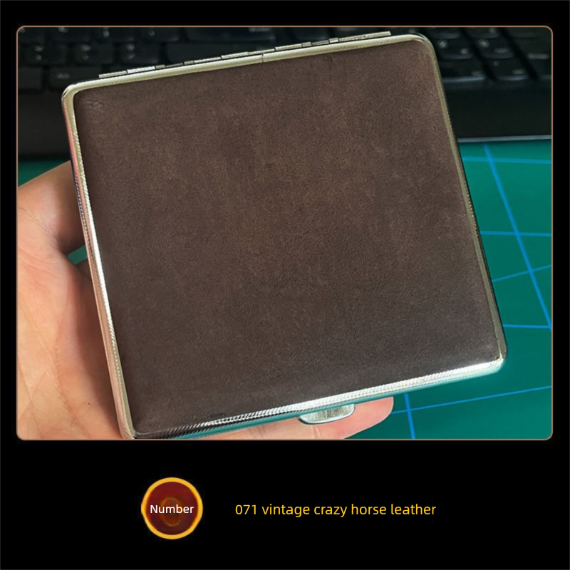 Crazy Horse Leather Cigarette Case Vintage Rustic Style 20 Stick Capacity Hard Shell Metal Frame Holder Mens Gift Retro Brown