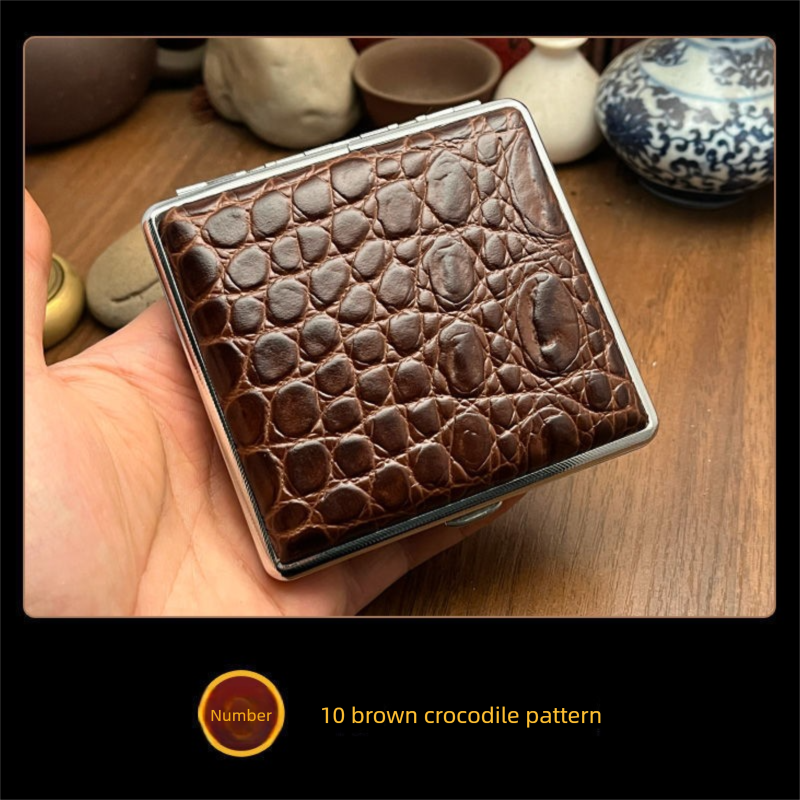 Genuine Leather Cigarette Case Coffee Brown Crocodile Pattern 20 Stick Capacity Retro Vintage Style Metal Frame Pocket Box Mens Gift
