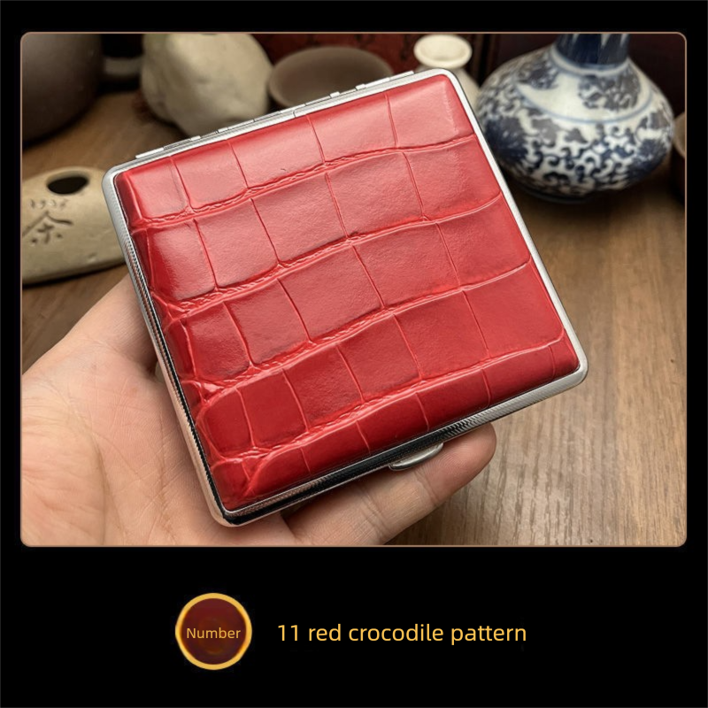 Genuine Leather Cigarette Case Red Crocodile Pattern 20 Stick Capacity Retro Vintage Style Metal Frame Pocket Box Mens Gift
