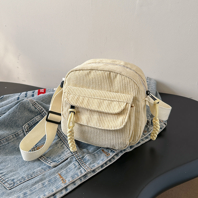 Corduroy Crossbody Bag Mini Messenger Shoulder Purse Adjustable Strap Vintage Style Casual Streetwear Phone Pouch Creamy White