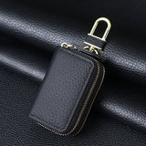 Genuine Leather Car Key Case Double Zipper Smart Key Fob Holder Wallet Remote Organiser Pouch with Hook Black