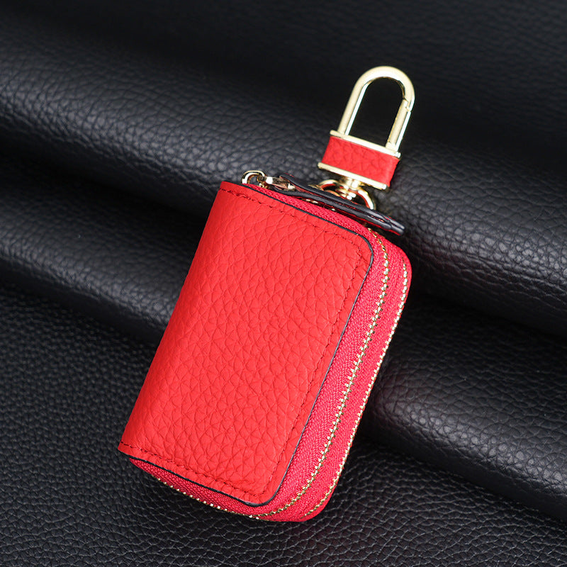 Genuine Leather Car Key Case Double Zipper Smart Key Fob Holder Wallet Remote Organiser Pouch with Hook Red