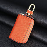 Genuine Leather Car Key Case Double Zipper Smart Key Fob Holder Wallet Remote Organiser Pouch with Hook Orange
