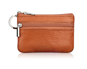 Small Coin Purse Key Ring Wallet Mini Change Pouch Dual Zipper Pocket PU Leather Portable Storage Bag Brown