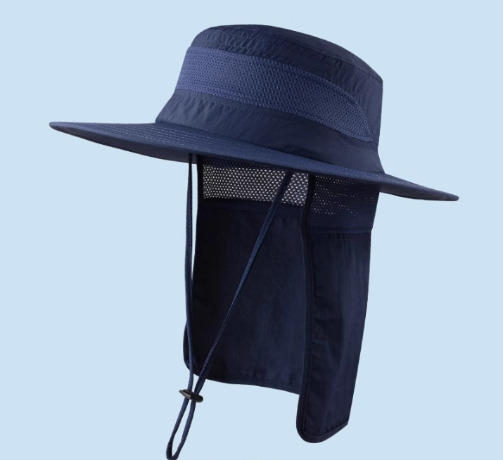 Wide Brim Sun Hat with Neck Flap UPF 50+ Protection Quick Dry Safari Cap Mesh Breathable for Fishing Gardening Hiking Outdoor Navy Blue