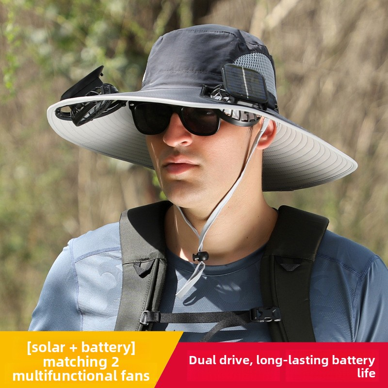 Dark Grey Dual Solar Fan Hat with Rechargeable Battery - Wide Brim UPF 50+ Sun Protection Bucket Hat for Fishing & Outdoor Work