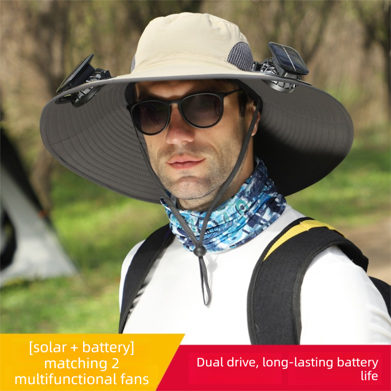 Khaki Dual Solar Fan Hat with Rechargeable Battery - Wide Brim UPF 50+ Sun Protection Bucket Hat for Fishing & Outdoor Work