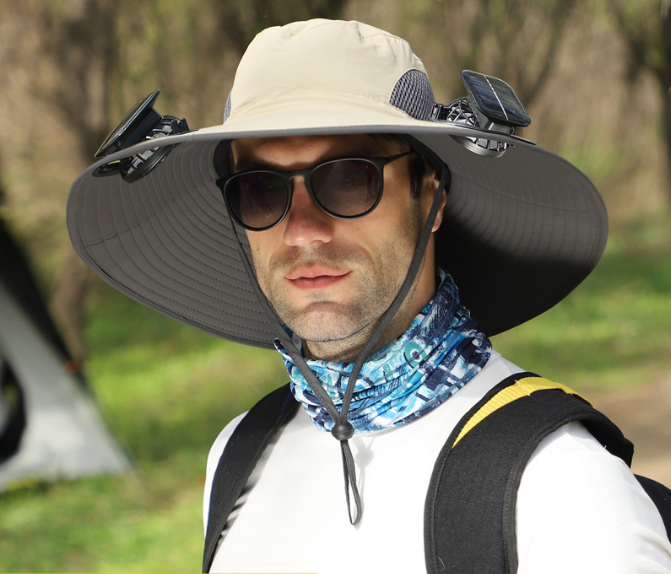 Khaki Dual Solar Fan Hat with Rechargeable Battery - Wide Brim UPF 50+ Sun Protection Bucket Hat for Fishing & Outdoor Work