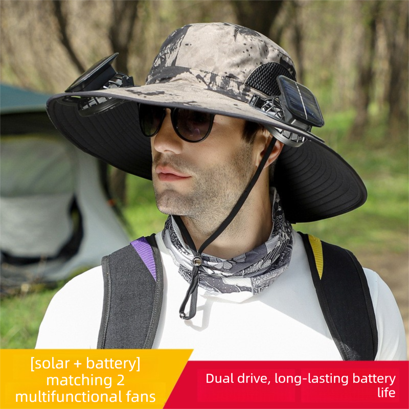 Dual Solar Fan Hat with Rechargeable Battery - Wide Brim UPF 50+ Sun Protection Bucket Hat - Khaki Ink Pattern for Fishing & Camping