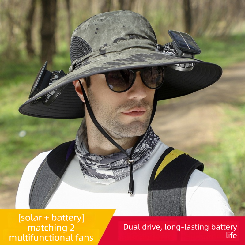 Dual Solar Fan Hat with Rechargeable Battery - Wide Brim UPF 50+ Sun Protection Bucket Hat - Green Ink Pattern for Fishing & Camping