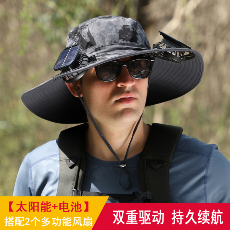 Dual Solar Fan Hat with Rechargeable Battery - Wide Brim UPF 50+ Sun Protection Bucket Hat - Dark Grey Ink Ink Pattern for Fishing & Camping